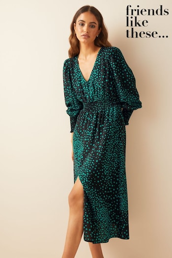 Friends Like These Green Black Print V Neck Shirred Waist Long Puff Sleeve Midi Dress (P32460) | £39