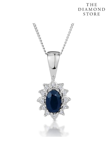The Diamond Store Blue Sapphire 6 x 4mm and Diamond 9K White Gold Pendant Necklace (P32967) | £209