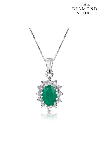The Diamond Store Green Emerald 0.80CT And Diamond 9K White Gold Pendant Necklace (P32977) | £365