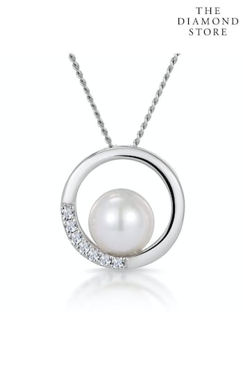 The Diamond Store White Pearl and Diamond Circle Stellato Necklace in 9K White Gold (P34002) | £189