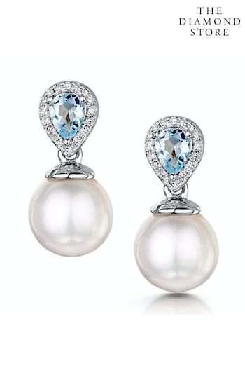 The Diamond Store Blue 7.5mm Pearl Blue Topaz and Diamond Stellato Earrings in 9K White Gold (P34005) | £385