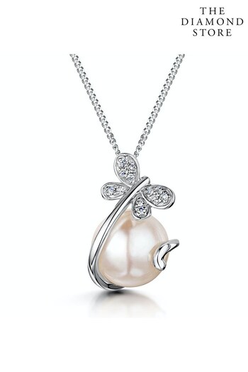 The Diamond Store White Button Pearl and Diamond Stellato Pendant Necklace in 9K White Gold (P34006) | £219