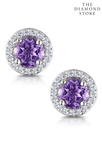 The Diamond Store Purple 0.64ct Amethyst and Diamond Halo Stellato Earrings in 9K White Gold (P34038) | £425