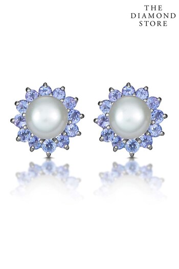 The Diamond Store Blue Tanzanite And Pearl 9K White Gold Earrings (P34048) | £239