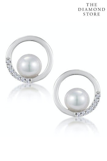 The Diamond Store White Stellato Circle and Pearl Diamond Earrings in 9K White Gold (P34050) | £295