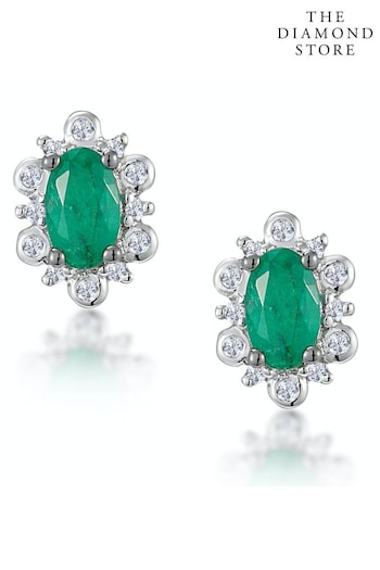 The Diamond Store Green 0.50ct Emerald and Diamond Stellato Cluster Earrings in 9K White Gold (P34056) | £259