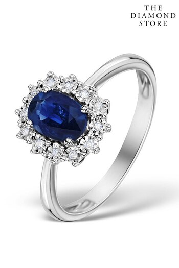 The Diamond Store Blue Sapphire 7 x 5mm and Diamond 9K White Gold Ring (P34059) | £529