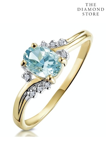 The Diamond Store Blue Aquamarine 0.70CT And Diamond 9K Yellow Gold Ring (P34060) | £239