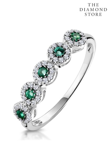The Diamond Store Green Emerald and Halo Diamond Stellato Eternity Ring in 9K White Gold (P34071) | £465