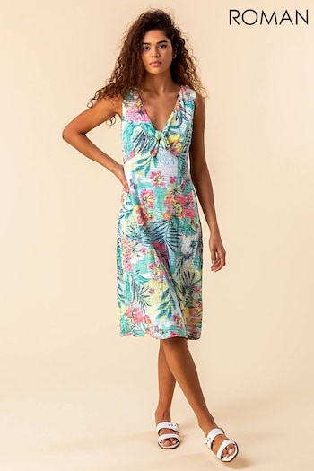 Roman Green Burnout Tropical Print Knotted Dress (P34463) | £35
