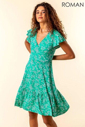 Roman Green Floral Print Wrap Tea Dress (P34483) | £35