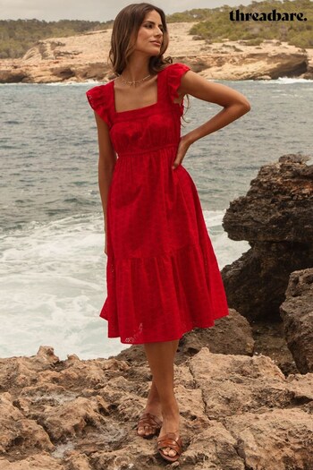 Threadbare Red Cotton Broderie Anglaise Midi Smock Dress (P36237) | £42