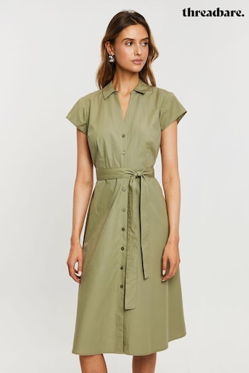 Threadbare Green Cotton Poplin Belted Midi Dress (P36240) | £35