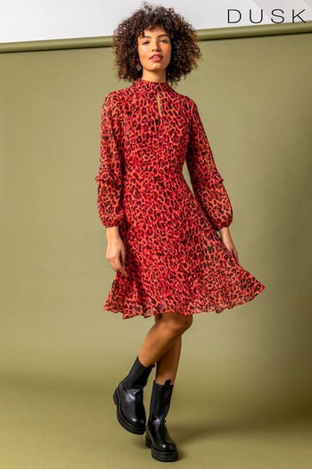 Dusk Red Animal Frill Detail Chiffon Dress (P37129) | £48