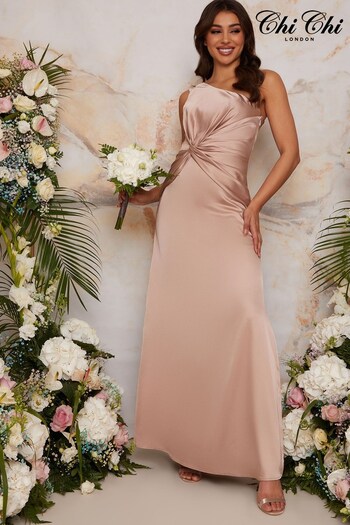 Chi Chi London Gold One Shoulder Satin Finish Maxi Bridesmaids Dress (P38234) | £80