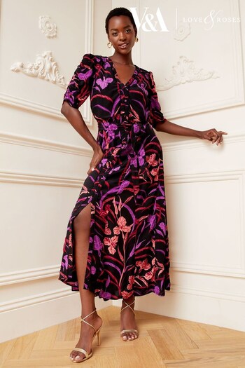 V&A | Thinking of You Black Floral Printed Ruched Sleeve V Neck Midi Dress (P39103) | £58