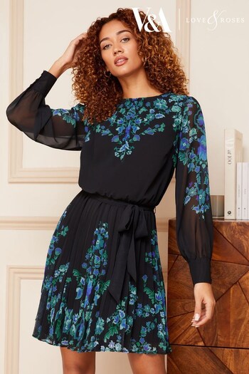 V&A | Love & Roses Black and Blue Printed Round Neck Pleated Long Sleeve Belted Mini Dress Forum (P39126) | £62