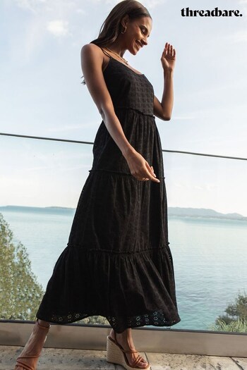 Threadbare Black Cotton Broderie Anglasie Strappy Midi Tiered Dress (P39361) | £21