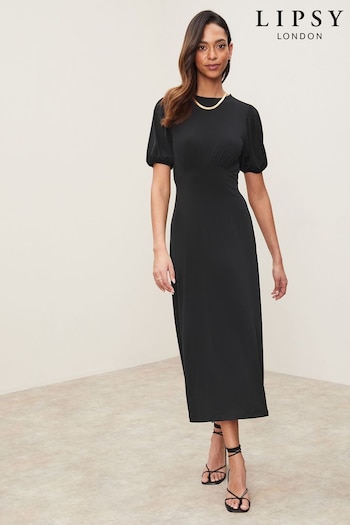 Lipsy Black Petite Jersey Puff Short Sleeve Underbust Summer Midi Dress (P39365) | £45