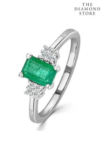 The Diamond Store Green Emerald 6 x 4mm And Diamond 9K White Gold Ring (P40566) | £395