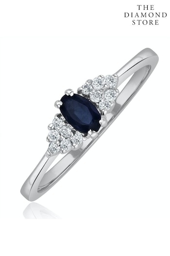 The Diamond Store Blue Sapphire 5 x 3mm And Diamond 9K White Gold Ring (P40582) | £335