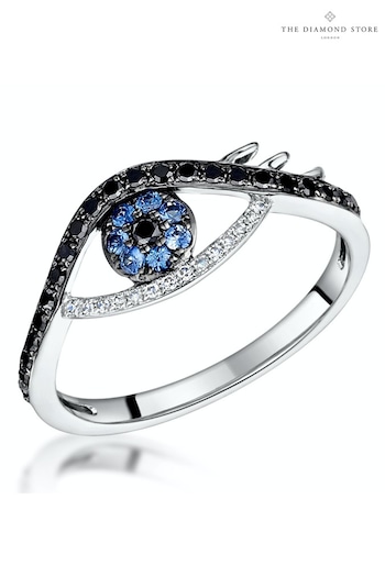 The Diamond Store Black Black Diamond Sapphire Evil Eye Hamsa Stellato Ring in 9K White Gold (P40588) | £449