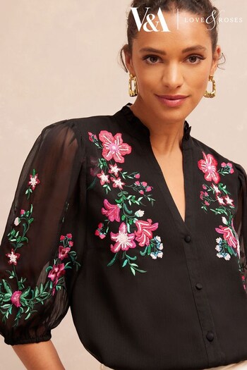 V&A | Furniture in time for Christmas Black Embroidery Floral Embroidered Ruffle V Neck Button Through Blouse (P42366) | £42