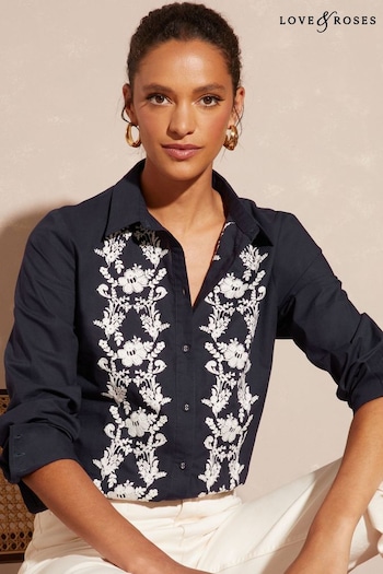 White Petite Woven Ruched Crop Shirt Navy Blue Embroidered Button Down Long Sleeve Shirt (P42419) | £36