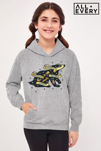 All + Every Heather Grey Harry Potter Badger Of Hufflepuff Patience And Loyalty Kids Hooded Sweatshirt (P44262) | £29