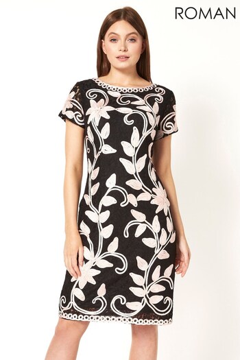 Roman Black Floral Contrast Tapework Dress (P45215) | £65