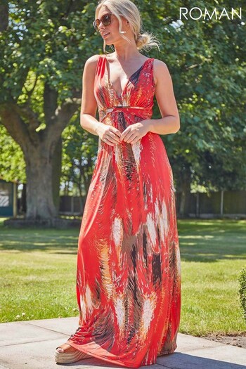 Roman Orange Abstract Print Sleeveless Maxi Dress (P45217) | £41