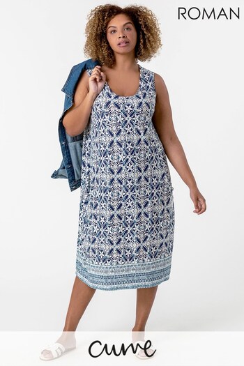 Roman Blue Curve Tile Print Cocoon Dress (P45668) | £30