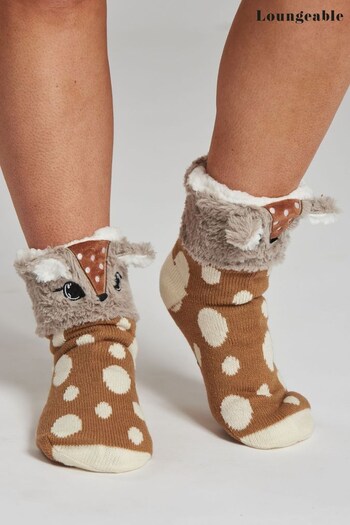 Loungeable Brown Reindeer Knit Socks (P47307) | £12
