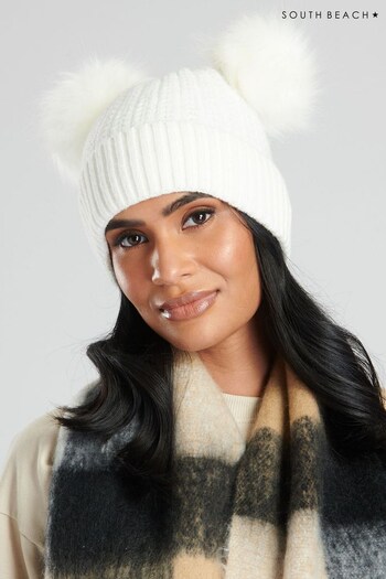 South Beach White Faux Fur Double Pom Hat (P47320) | £12