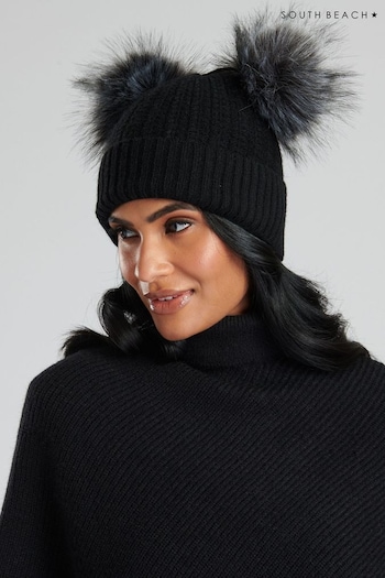 South Beach Black Faux Fur Double Pom Hat (P47416) | £12