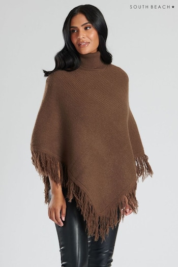 South Beach Brown Knitted Polar Neck Poncho (P47706) | £30