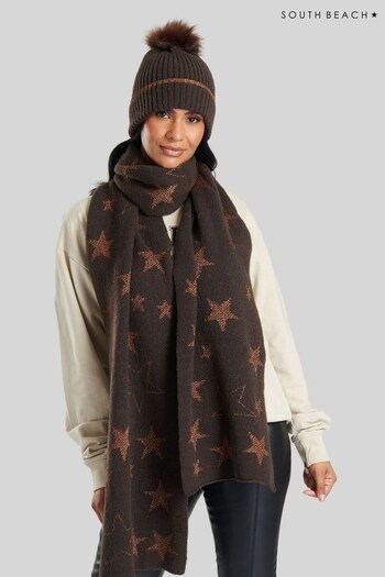 South Beach Brown Metallic Star Bobble Hat And Scarf Set (P47709) | £28