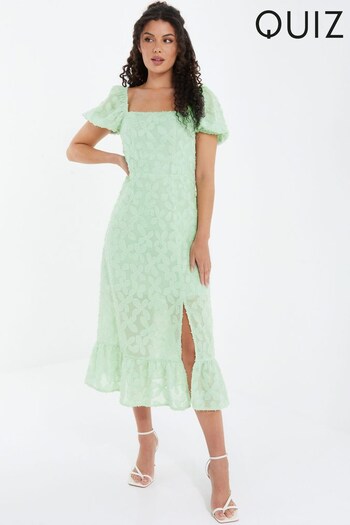 Quiz Sage Green Jacquard Puff Sleeve Midi Dress (P48640) | £48