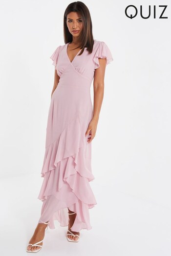 Quiz Light Pink Chiffon Frill Maxi Dress (P48642) | £24