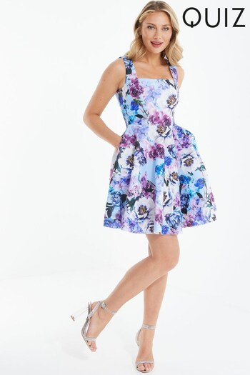 Quiz Blue & Purple Floral Frill Strappy Skater Dress (P48643) | £65