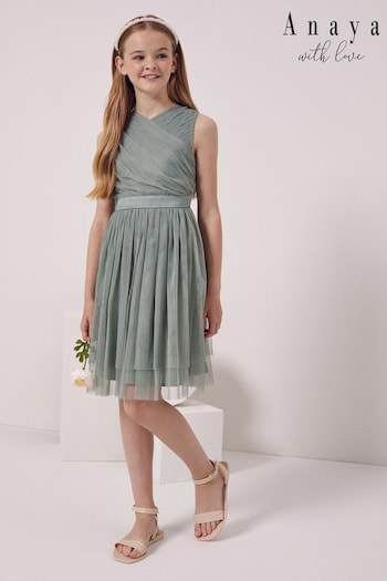 Anaya with Love Sage Green Tulle Wrap Front Bow Back Dress - Girls (P50983) | £52