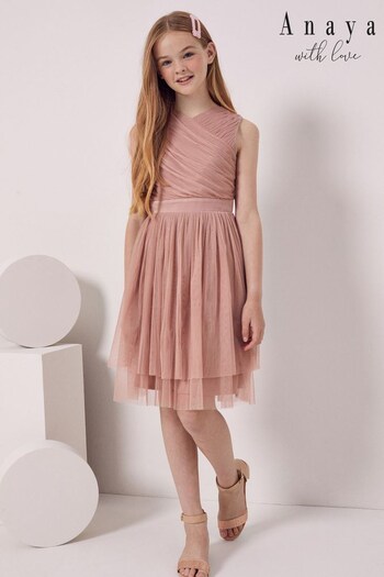 Anaya with Love Pink Tulle Wrap Front Bow Back Dress - Girls (P50984) | £52