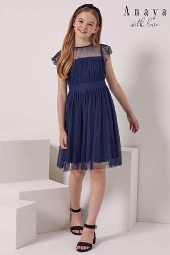 Anaya With Love Navy Blue Flutter sleeve Tulle Dress (P50987) | £49