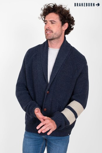 Brakeburn Blue Ribbed Shawl Collar Button Up Cardigan Contains Wool (P52014) | £80