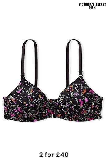 Victoria's Secret PINK Pure Black Floral Non Wired Lightly Lined Front Close Bra (P55282) | £29