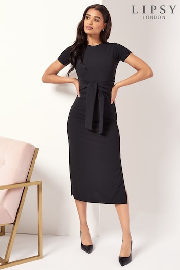 Lipsy Black Short Sleeve Belted Bodycon Midi Dress (P55400) | £40