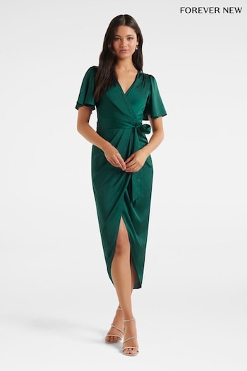 Forever New Green Carolina Satin Flutter Sleeve Midi Dress (P56765) | £95