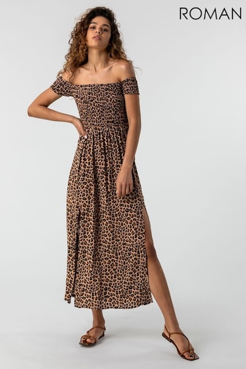 Roman Brown Print Shirred Bardot Maxi Dress (P57112) | £35