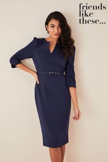 Friends Like These Navy Blue Short Sleeve Belted V Neck Tailored Midi Dress (P57349) | £48