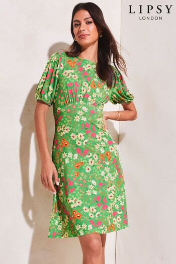 Lipsy Green Floral Petite Jersey Underbust Puff Sleeve Summer Mini Dress (P57364) | £38
